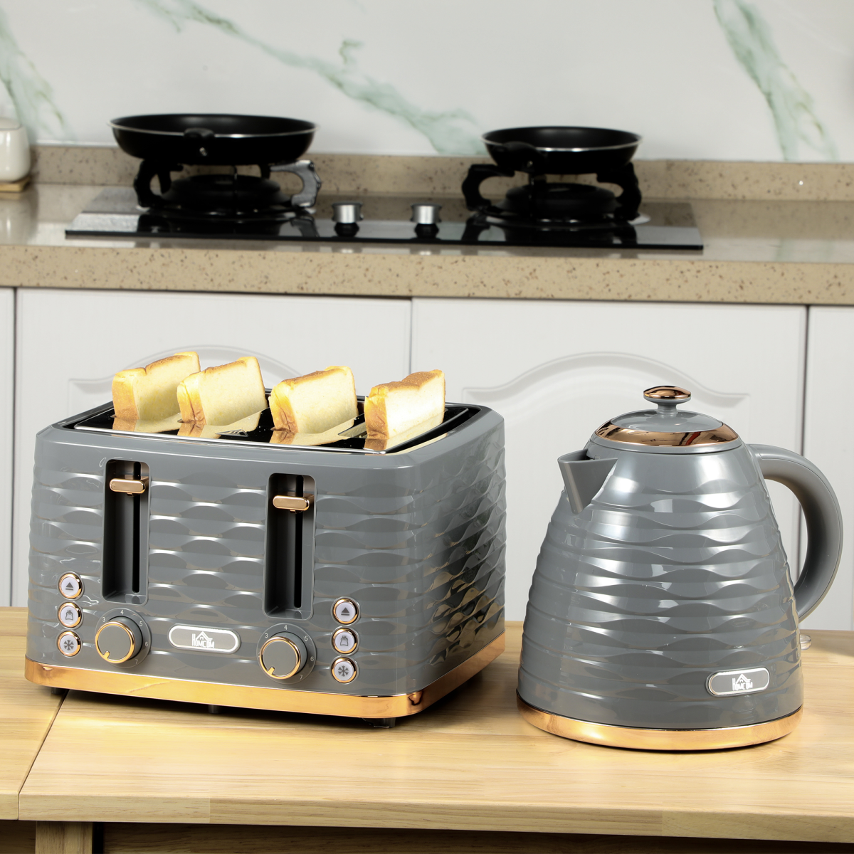 HOMCOM 1.7L Electric Kettle & 4-Slice Toaster Set, Rapid Boil, Grey, HTML
