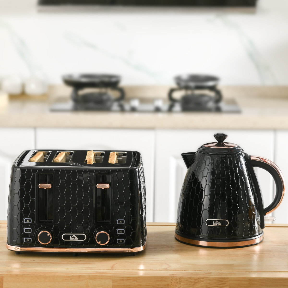 HOMCOM 1.7L Kettle & 4-Slice Toaster Set w/ Defrost Reheat, Black, HTML Format