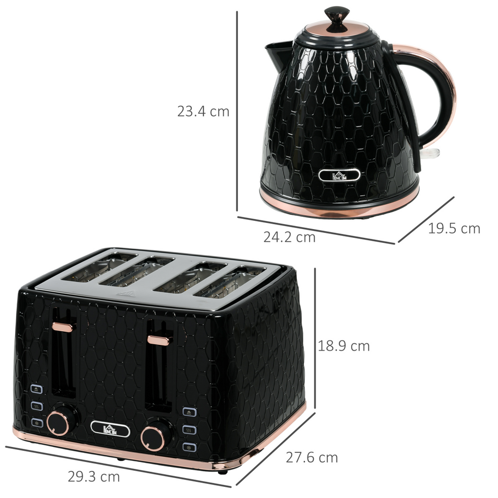 HOMCOM 1.7L Kettle & 4-Slice Toaster Set w/ Defrost Reheat, Black, HTML Format