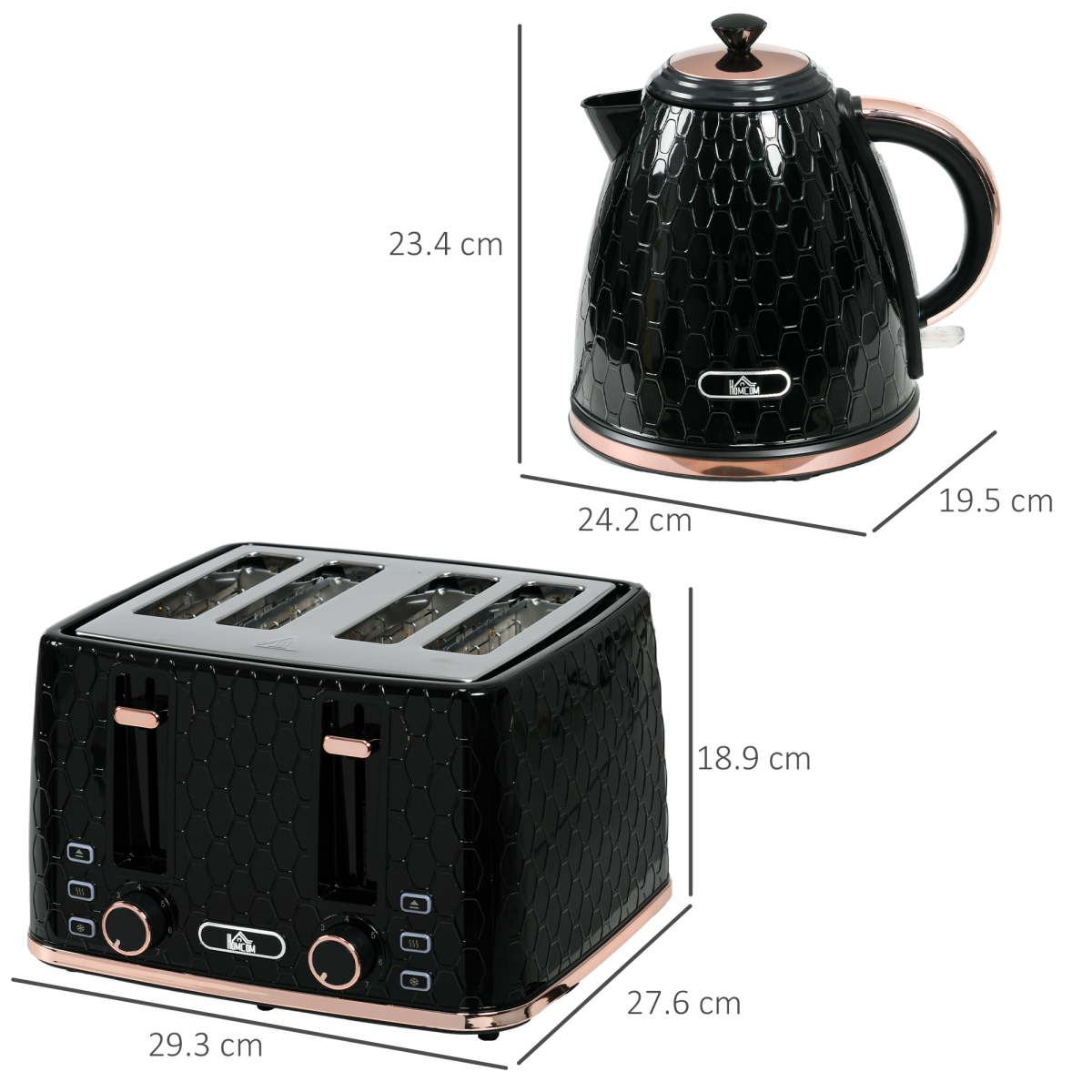 HOMCOM 1.7L Kettle & 4-Slice Toaster Set w/ Defrost Reheat, Black, HTML Format