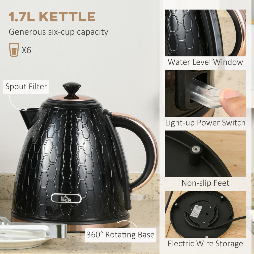 HOMCOM 1.7L Kettle & 4-Slice Toaster Set w/ Defrost Reheat, Black, HTML Format