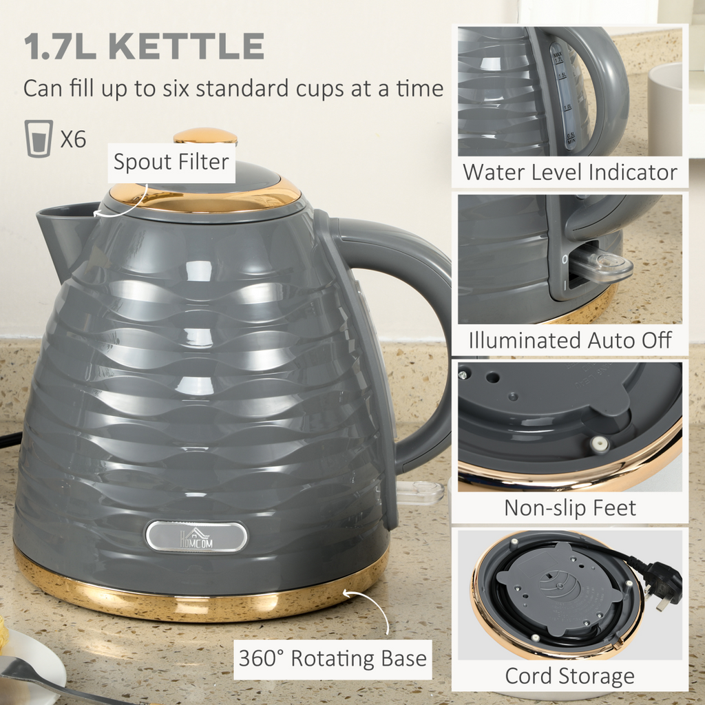 HOMCOM 1.7L Electric Kettle & 4-Slice Toaster Set, Rapid Boil, Grey, HTML