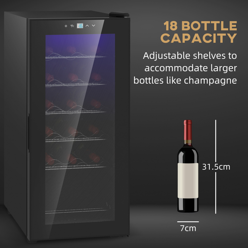 HOMCOM 50L 18-Bottle Wine Cooler Fridge Black, Glass Door, LED, 5–18°C