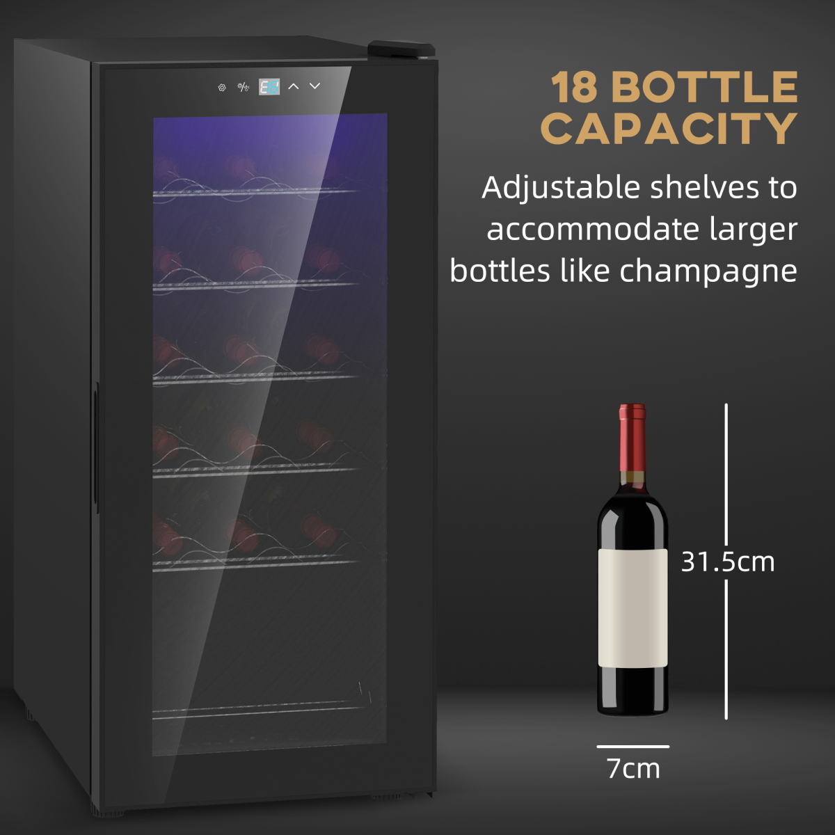 HOMCOM 50L 18-Bottle Wine Cooler Fridge Black, Glass Door, LED, 5–18°C