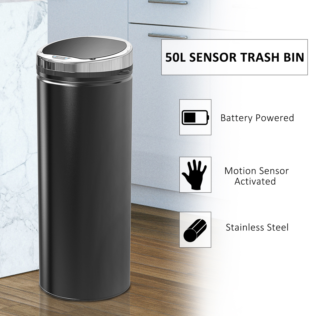 50L Stainless Steel Infrared Sensor Trash Can w/ Removable Bucket, Black