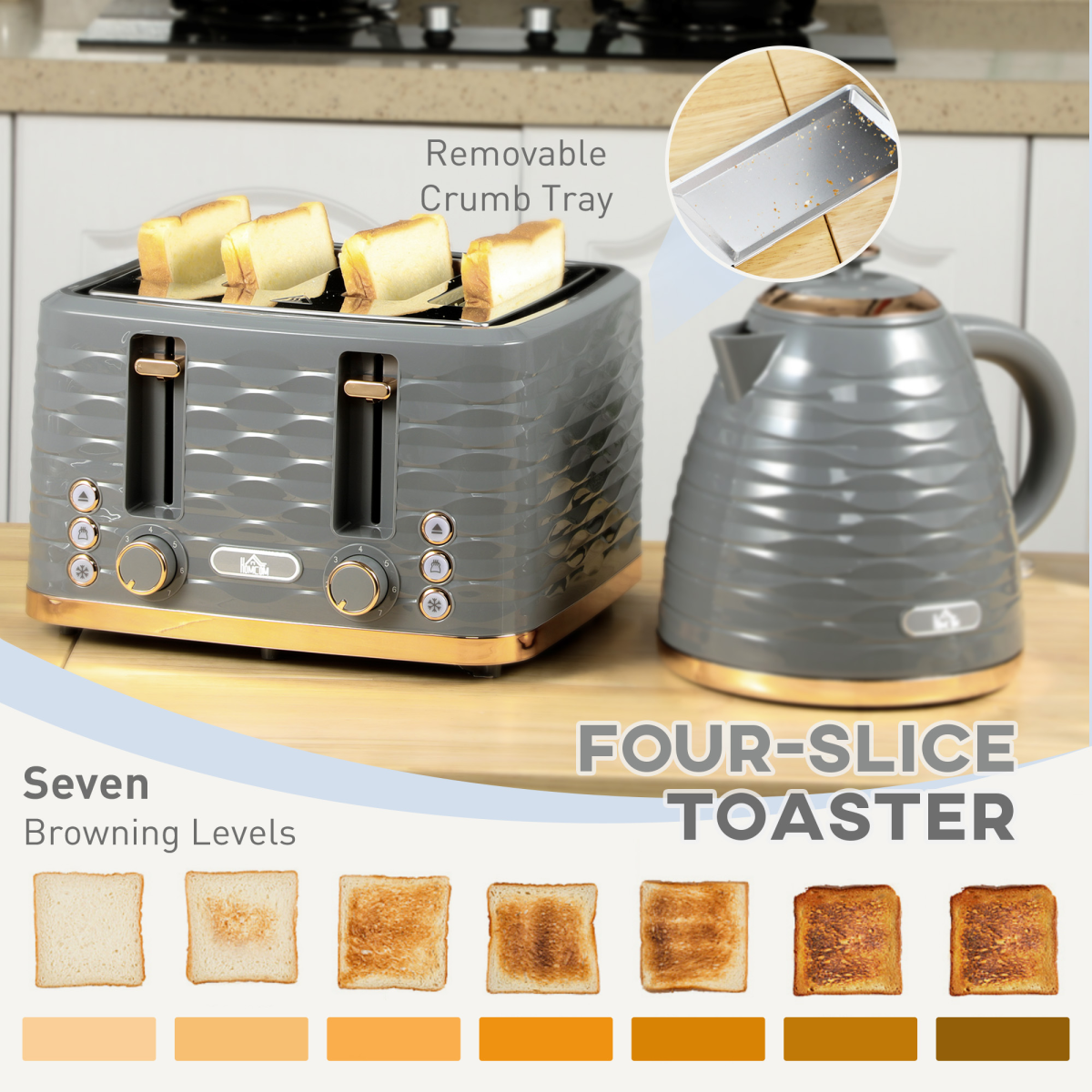 HOMCOM 1.7L Electric Kettle & 4-Slice Toaster Set, Rapid Boil, Grey, HTML