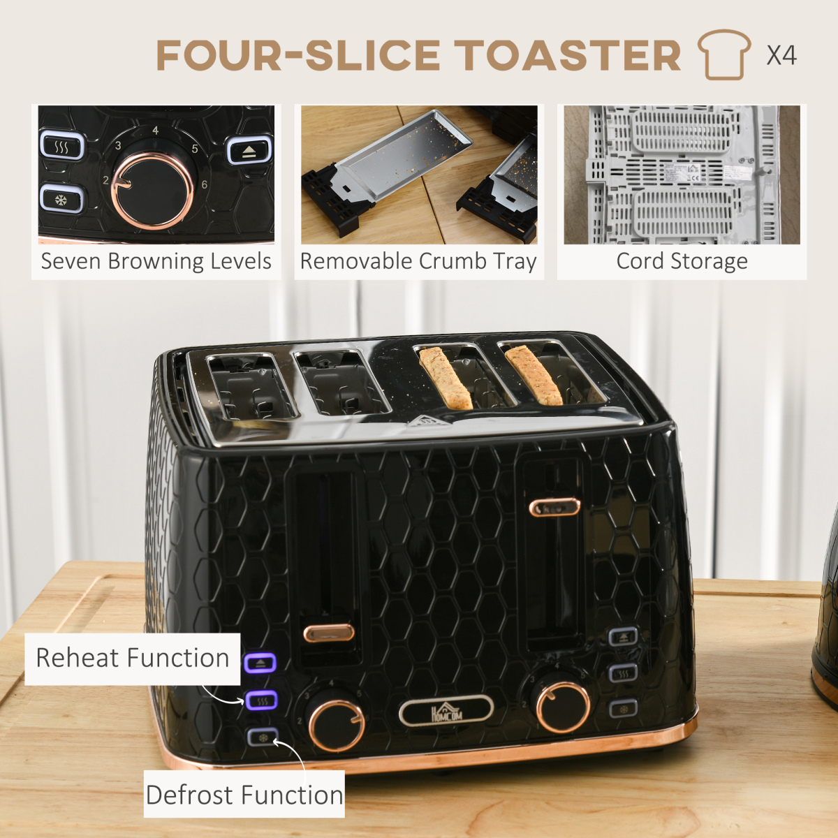 HOMCOM 1.7L Kettle & 4-Slice Toaster Set w/ Defrost Reheat, Black, HTML Format