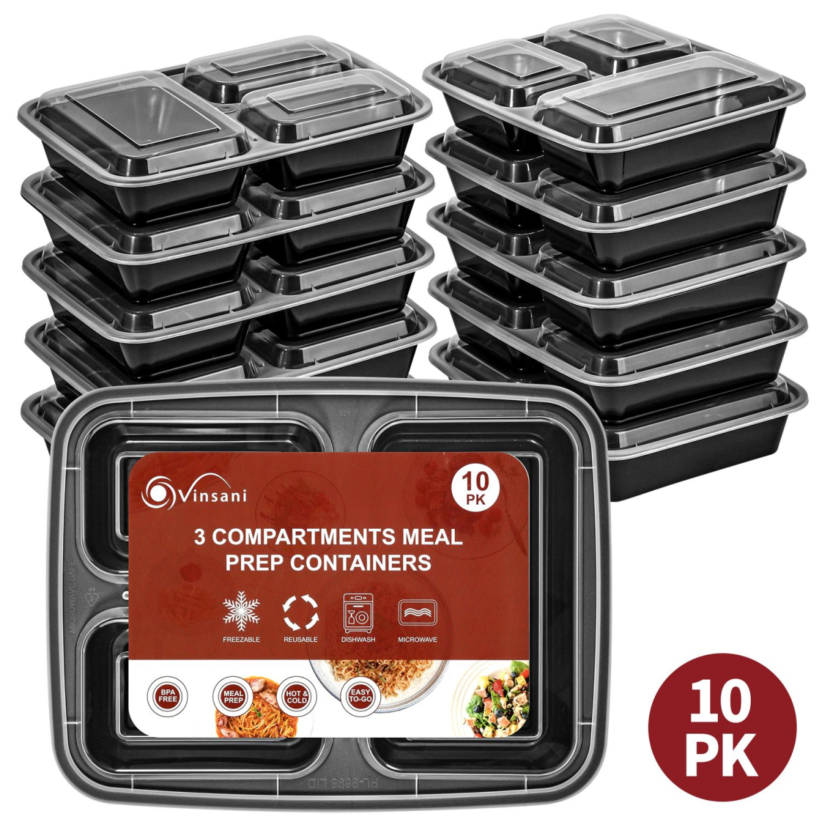 VINSANI 10-Pack 3-Compartment Meal Prep Containers (1010425) - HTML