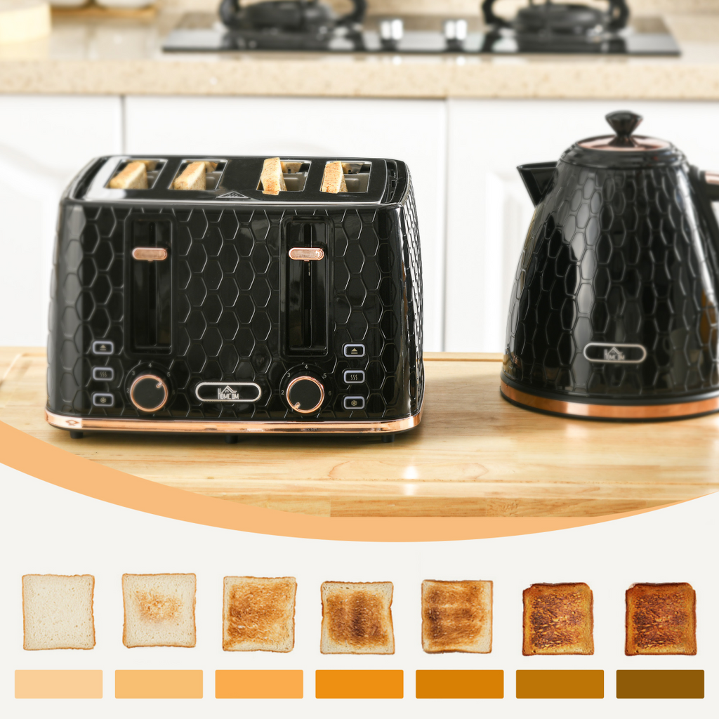 HOMCOM 1.7L Kettle & 4-Slice Toaster Set w/ Defrost Reheat, Black, HTML Format
