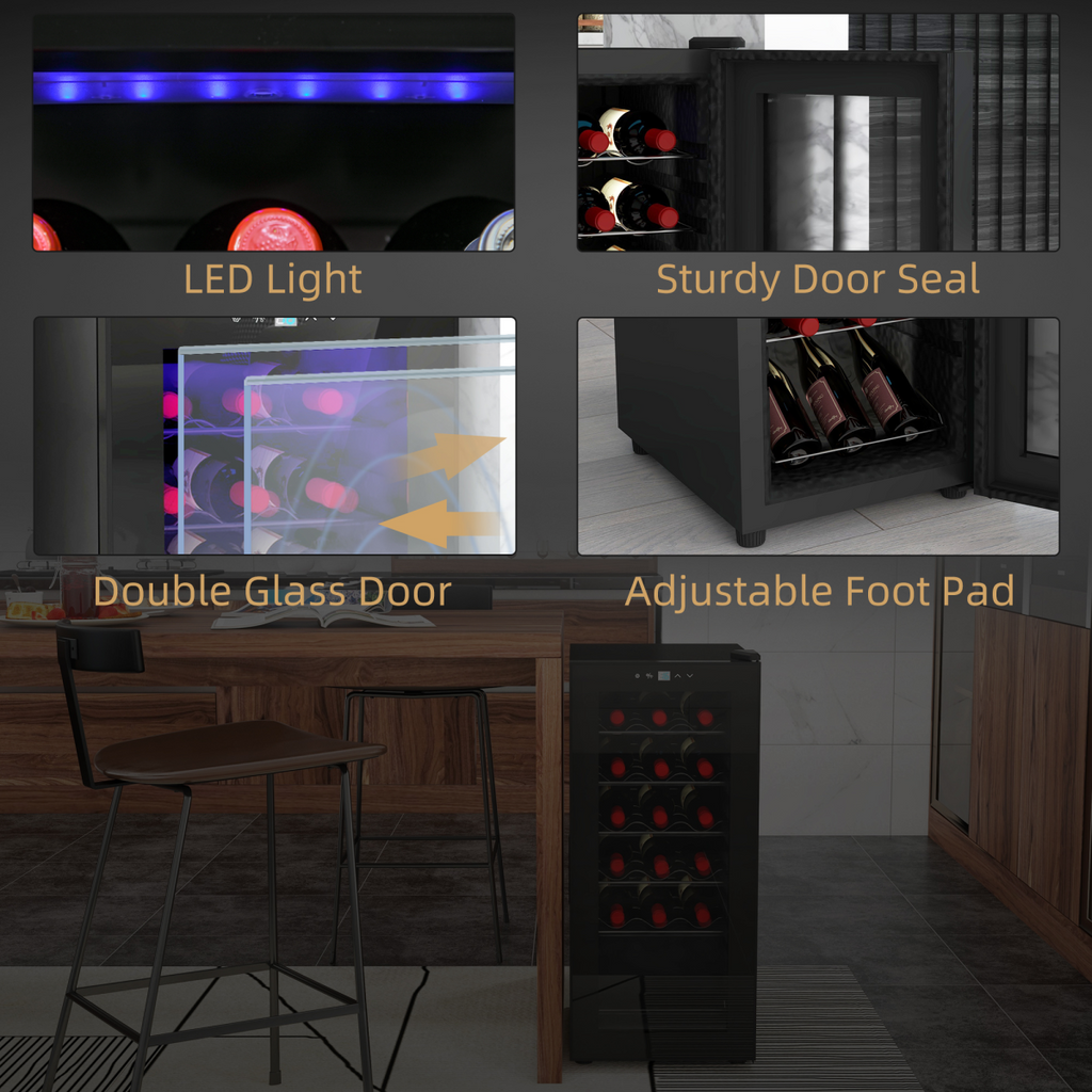 HOMCOM 50L 18-Bottle Wine Cooler Fridge Black, Glass Door, LED, 5–18°C