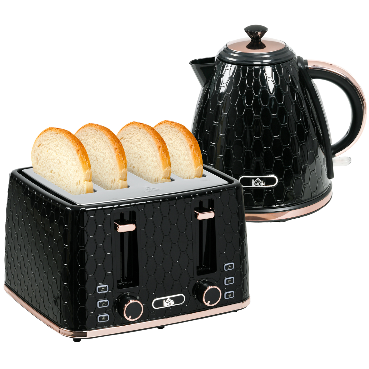 HOMCOM 1.7L Kettle & 4-Slice Toaster Set w/ Defrost Reheat, Black, HTML Format